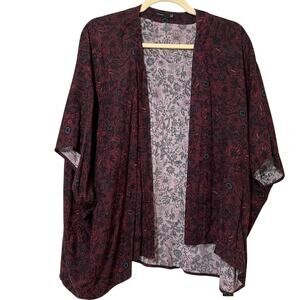 Talula Burgundy Floral Short Sleeve Open Front Kimono Cardigan Sweater Womens M